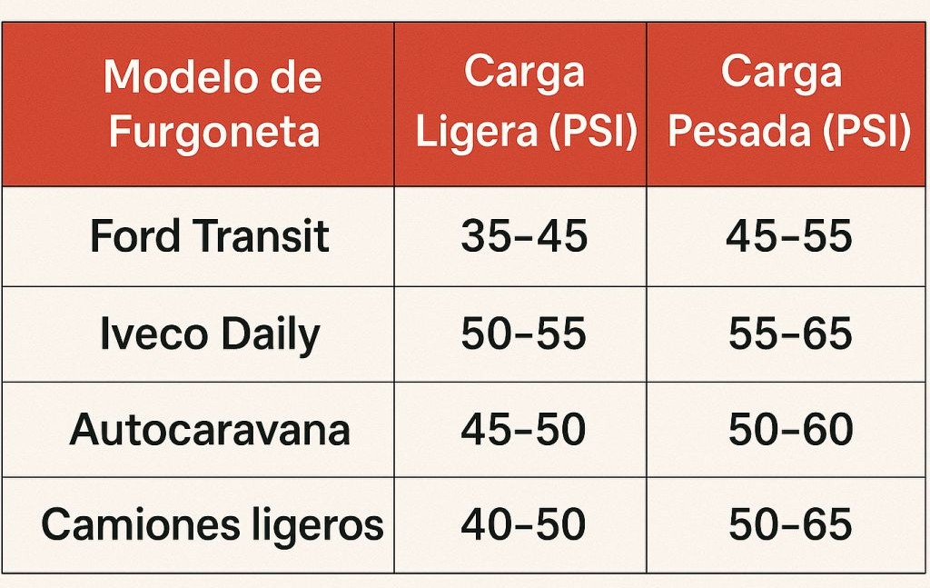 Tabla de presión de neumáticos para furgonetas